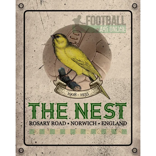 Norwich-inspired vintage football metal wall sign featuring The Nest