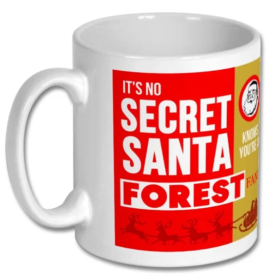Nottingham Forest-inspired Secret Santa mug for football fans, featuring a glossy finish and colourful Christmas-themed design