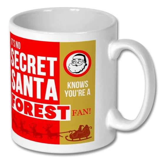 White 10oz Nottingham Forest-inspired Christmas gift mug showing the festive football artwork in detail