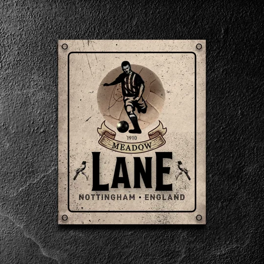Nottingham-inspired Meadow Lane vintage metal football wall sign