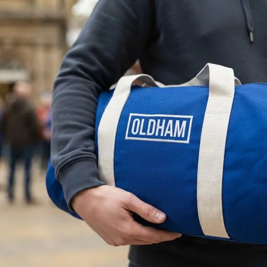 Retro football kitbag featuring an Oldham-inspired embroidered fan design