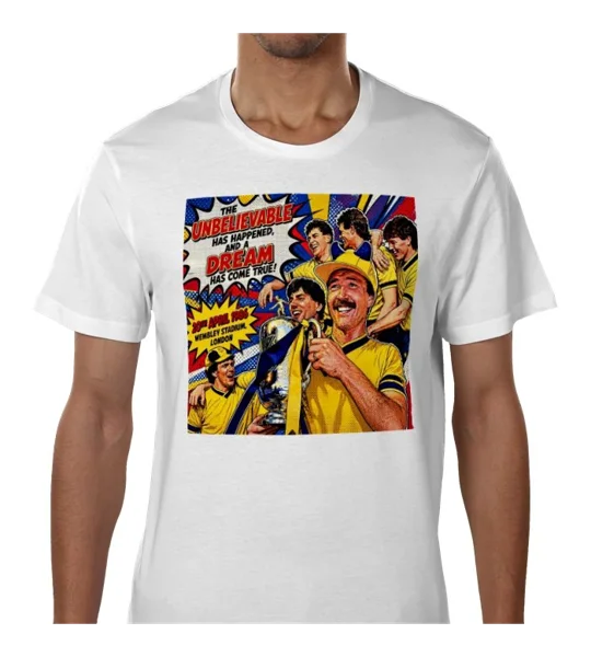 White Oxford United 1986-inspired vintage football art T-shirt with colourful pop-art design
