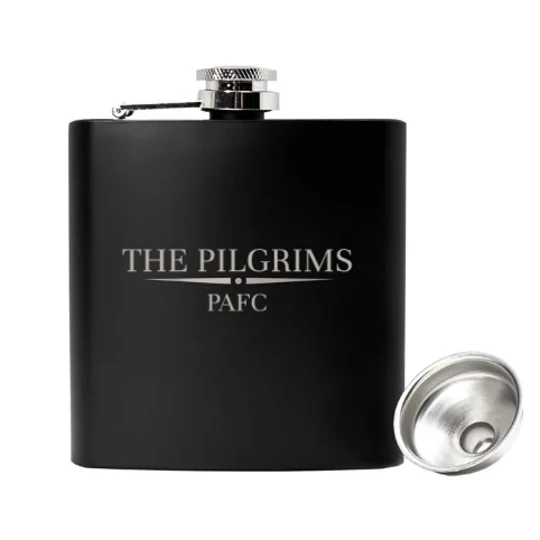 Plymouth Argyle-inspired Pilgrims 6oz luxury engraved black hip flask