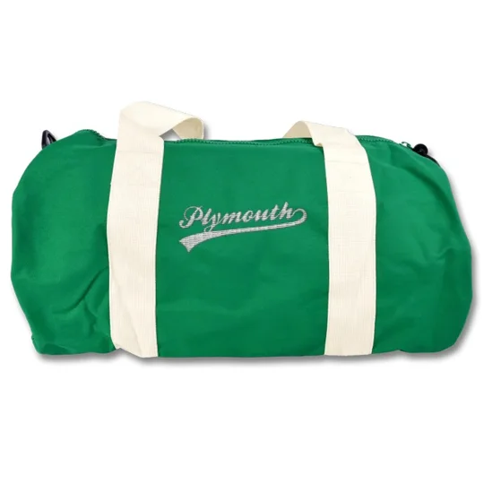 Plymouth-inspired football kitbag showing retro embroidered detail and shoulder strap