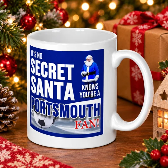 Portsmouth-inspired Secret Santa Christmas gift mug with full-colour football art image