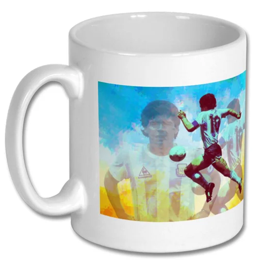 Diego Maradona-inspired football gift mug showing high-definition pop-art artwork on a glossy white 10oz mug