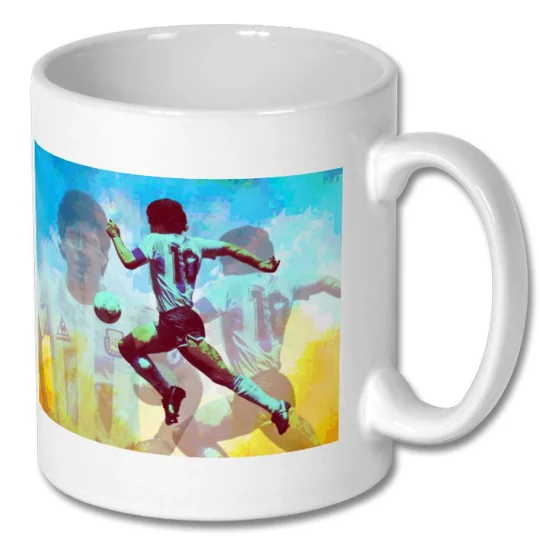Maradona pop art mug with vibrant Argentina-inspired football design on a white mug