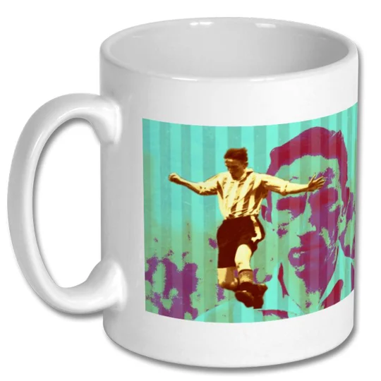 Brentford-inspired football art mug — Vibrant turquoise stripes frame a stylised footballer striking a pose against a large distressed magenta portrait, creating an energetic retro artwork celebrating the spirit of The Goal Machine.