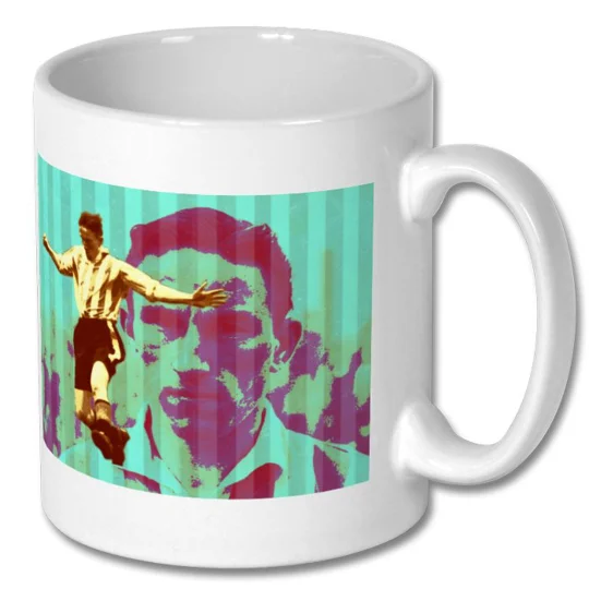 The Goal Machine | Brentford Jim Towers-Inspired Football Art Mug — A bold football-inspired mug featuring a dynamic vintage-style player in mid-kick, layered over a striking turquoise, magenta and green distressed pop-art portrait with retro screen-print textures.