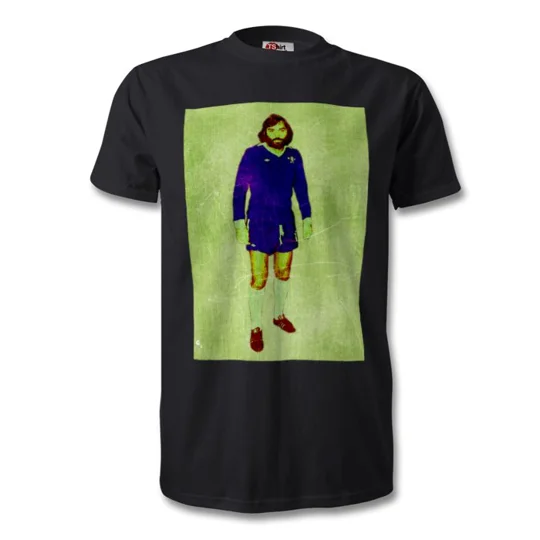 Full-colour George Best Chelsea-inspired football artwork on black T-shirt