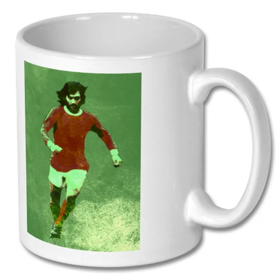 George Best tribute mug featuring Man United-inspired football legend artwork on a white 10oz mug
