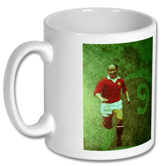 Close-up of the Bobby Charlton football art mug showing its high-definition colour and glossy photo-quality finish.