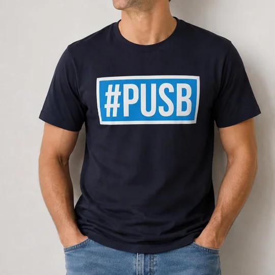 PUSB Hashtag Coventry football-inspired T-shirt in navy blue with bold blue and white chest graphic