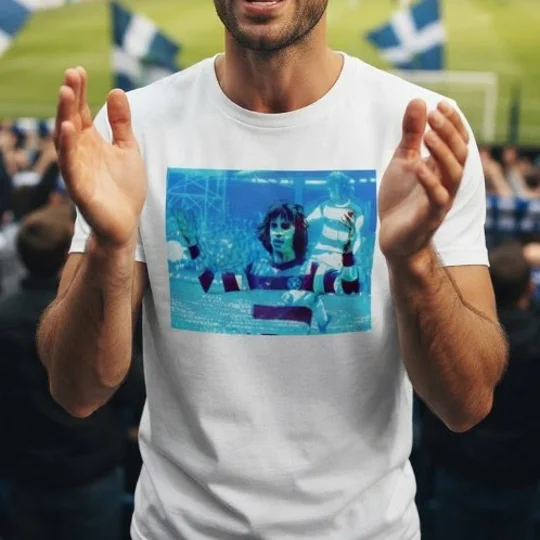 QPR-inspired Stanley Bowles retro football T-shirt with full colour artwor