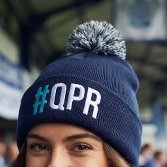 QPR-inspired retro bobble hat with embroidered hashtag design