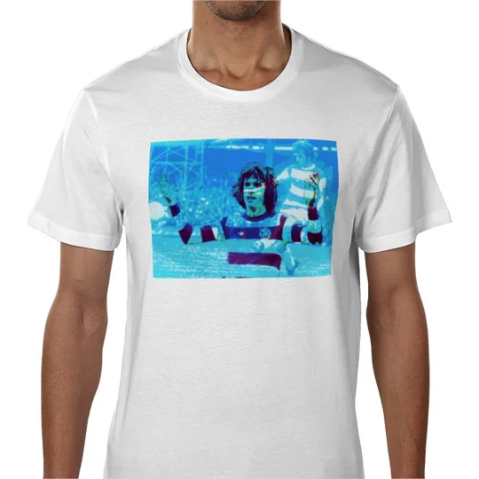White QPR-inspired Stanley Bowles fan tee featuring football art design