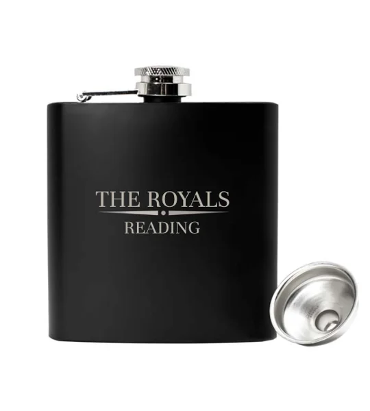 Reading-inspired Royals 6oz luxury black hip flask with engraved design
