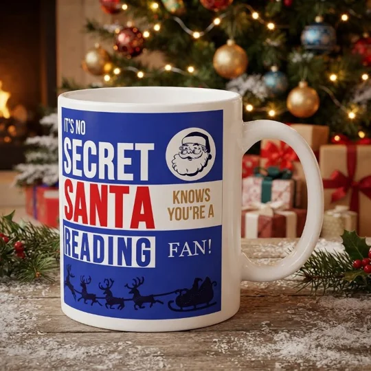 Reading-inspired Secret Santa Christmas gift mug with full-colour football-themed artwork