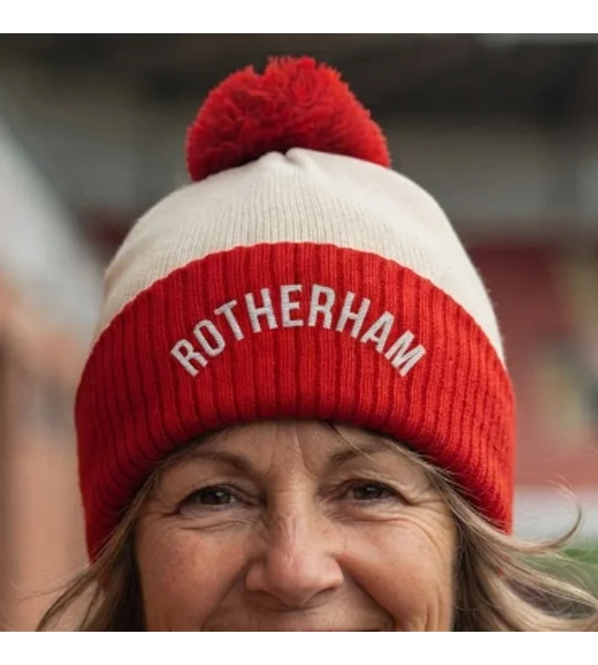 Red and white Rotherham-inspired retro football bobble hat