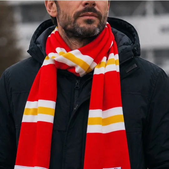 Liverpool-inspired retro football bar scarf in red white and yellow Liverpool colours