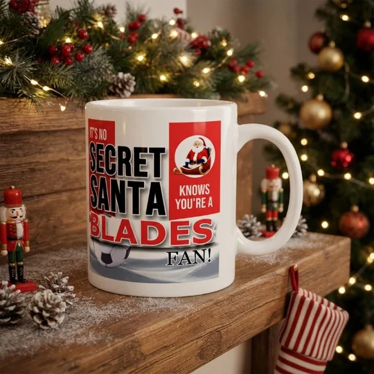 Sheffield United-Inspired Secret Santa Christmas gift mug featuring a full-colour football art design