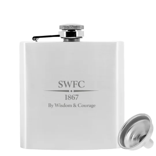 Sheffield Wednesday-inspired football fan hip flask shown with presentation gift box and filling funnel