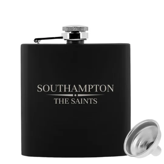 Luxury black Southampton-inspired hip flask with filling funnel, a football gift for Saints fans