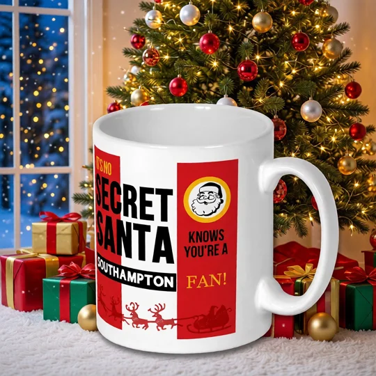 Southampton-inspired Secret Santa Christmas mug with full-colour football artwork for Saints supporters