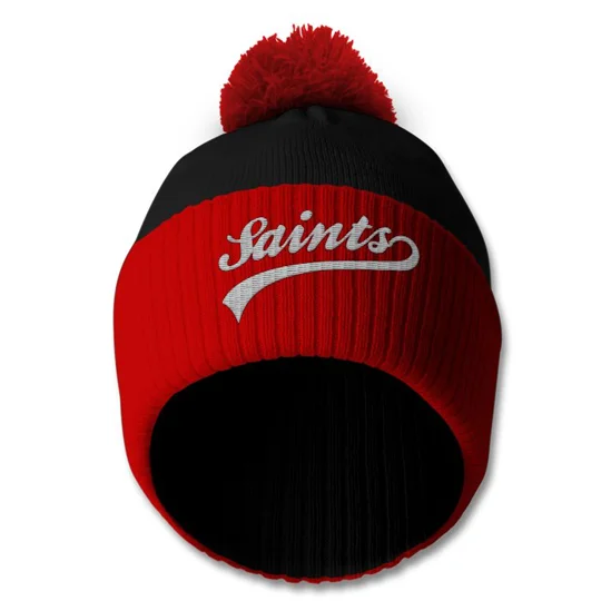Close-up of the embroidery on a Saints-inspired retro football bobble hat, a gift idea for Southampton supporters