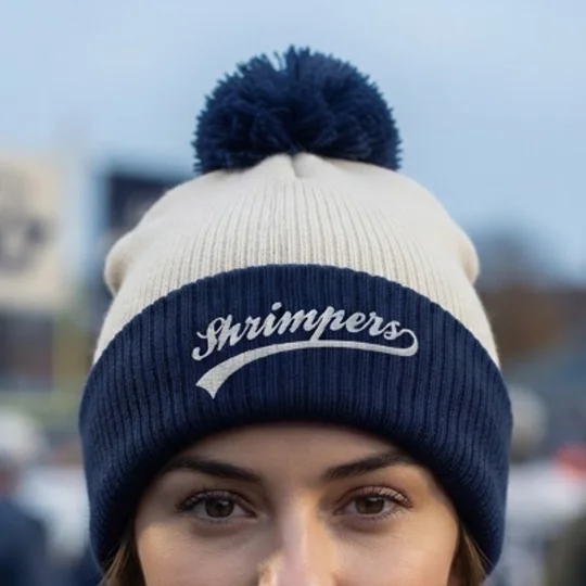Southend football-inspired bobble beanie showing embroidered fan-style detailing