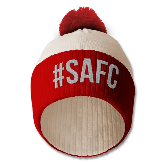 Sunderland bobble hat featuring embroidered hashtag design and classic retro styling