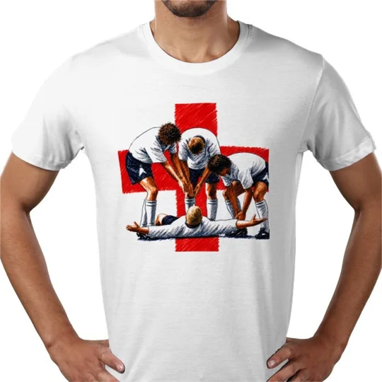England Gazza Euro 96-inspired white cotton T-shirt celebrating the famous dentist chair football moment