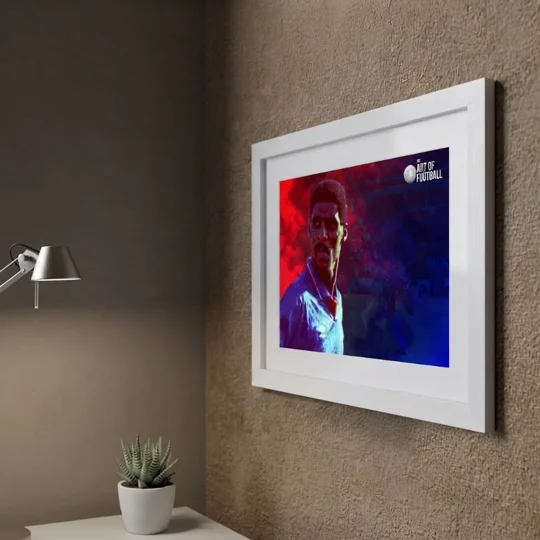 Roger Palmer-inspired Oldham Athletic tribute artwork in silver frame with white mount