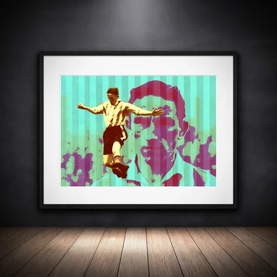 The Goal Machine | Brentford Jim Towers-Inspired Tribute Football Framed Art Print — A vibrant football tribute print featuring a stylised player in mid-kick, layered over a bold distressed portrait in magenta and green, with turquoise vertical stripes and retro screen-print textures.