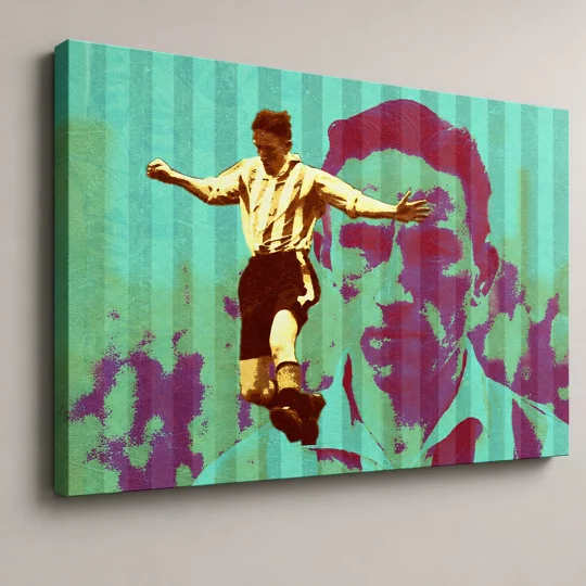 The Goal Machine | Brentford Jim Towers-Inspired Tribute Football Art Canvas Print — A vibrant football artwork on canvas featuring a dynamic player in mid-kick against a large distressed magenta portrait, with turquoise vertical stripes and layered green and purple screen-print textures.