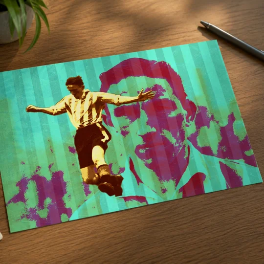 The Goal Machine | Brentford Jim Towers-Inspired Tribute Football Digital Art Print — Vibrant retro football artwork featuring a stylised player in mid-kick, layered over a large distressed magenta portrait with turquoise vertical stripes and bold green and purple graphic textures.