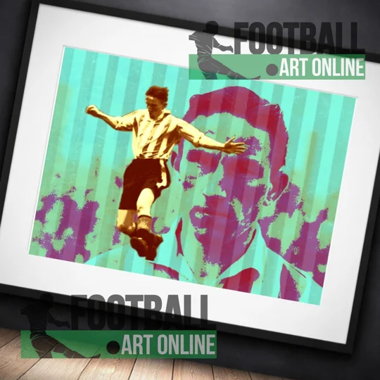 Brentford-inspired football framed art print — Dynamic vintage-style football artwork combining a goal-scoring pose with a striking oversized portrait, distressed textures and vivid turquoise, magenta and green tones, presented as a bold tribute to The Goal Machine.