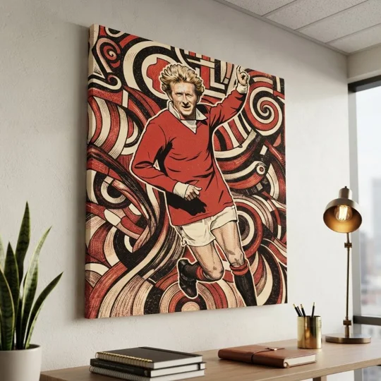 Denis Law canvas print featuring retro vintage-style tribute artwork inspired by Manchester United football history