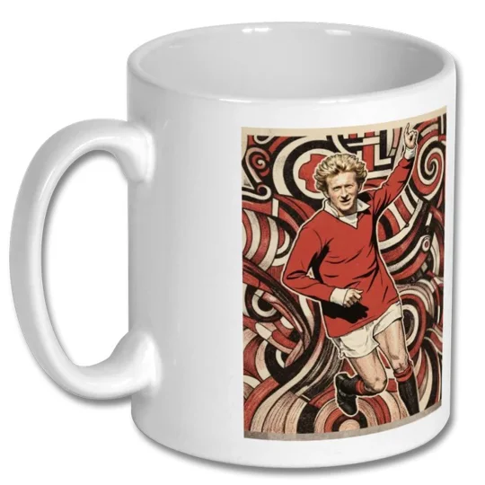 Full-colour Denis Law Man United-inspired art gift mug showing the legendary footballer