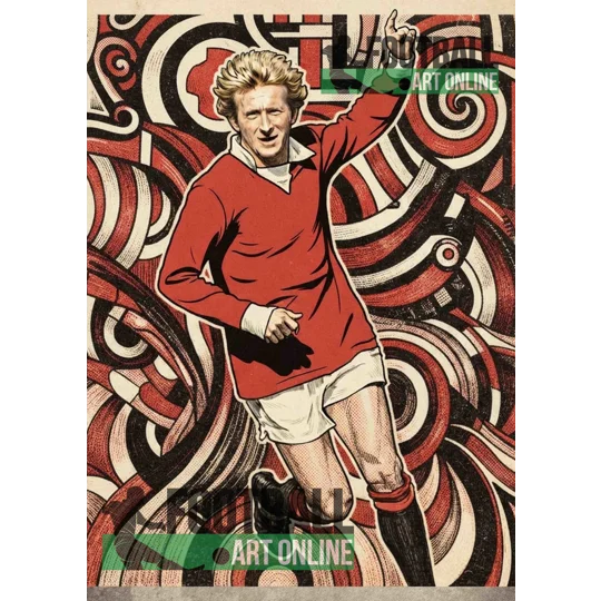 Man United-inspired Denis Law legend poster in full-colour retro style, ideal for framing