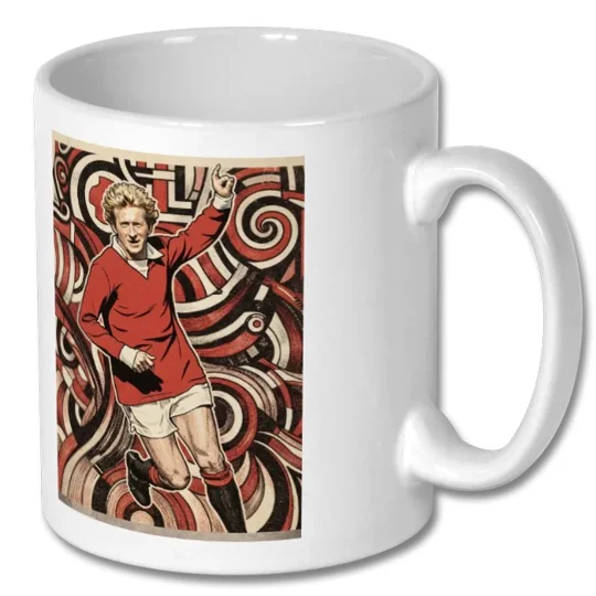Denis Law tribute mug featuring Man United-inspired football artwork on a white mug
