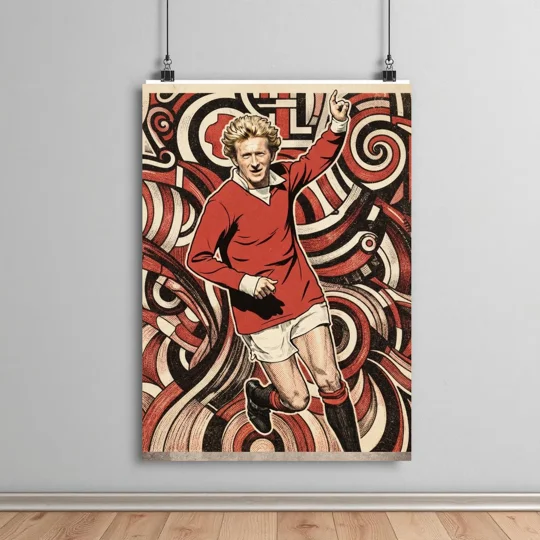 Denis Law tribute poster featuring retro abstract football artwork inspired by Manchester United