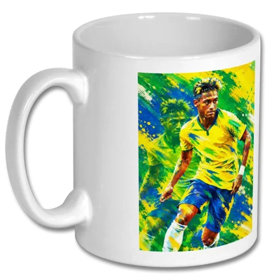 White 10oz Brazil football mug featuring Neymar-inspired full-colour artwork