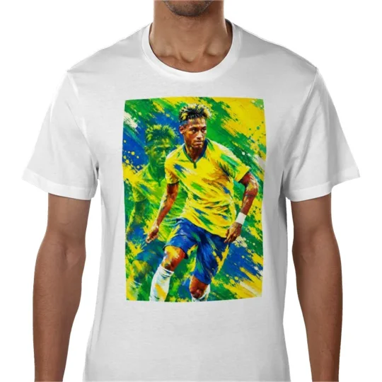 White Brazil football T-shirt featuring Neymar-inspired full-colour tribute artwork