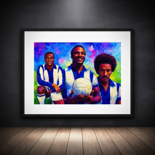 West Brom-inspired Three Degrees retro football framed print with black frame and white mount