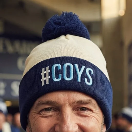 Tottenham-inspired retro embroidered bobble hat with hashtag design