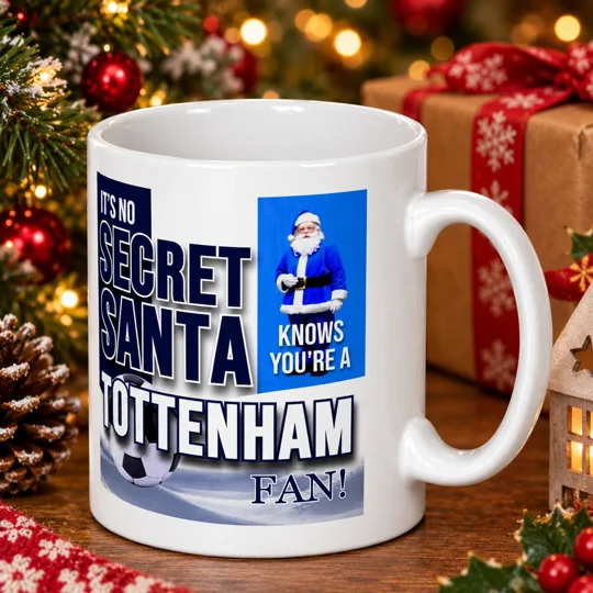 Tottenham-inspired Secret Santa Christmas gift mug featuring full-colour football artwork