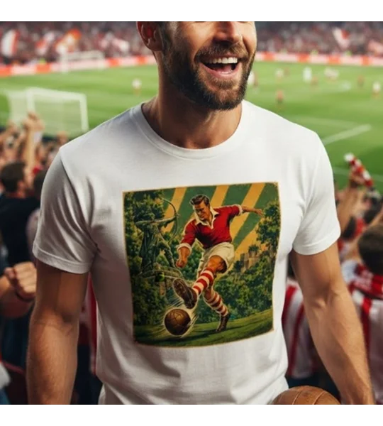Football fan wearing Nottingham Forest-inspired red and white coloured vintage footballer design on a white art T-shirt