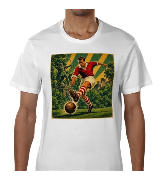 Nottingham-inspired vintage football art T-shirt featuring a footballer, red and white striped socks and Robin Hood