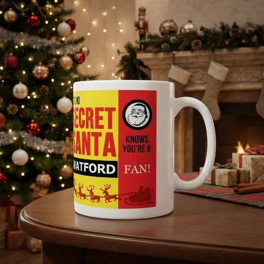 Watford-inspired Christmas football fan gift mug with colourful full-colour artwork